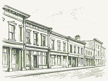Decorative drawing: a row of nineteenth-century main-street storefronts. Not a photograph of this place.