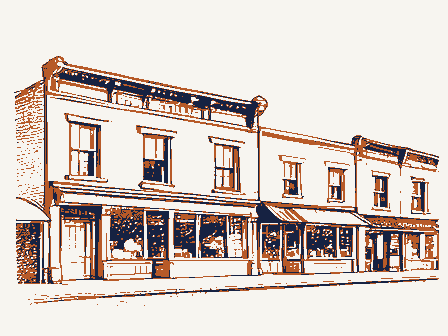 Decorative drawing: a row of nineteenth-century main-street storefronts. Not a photograph of this place.
