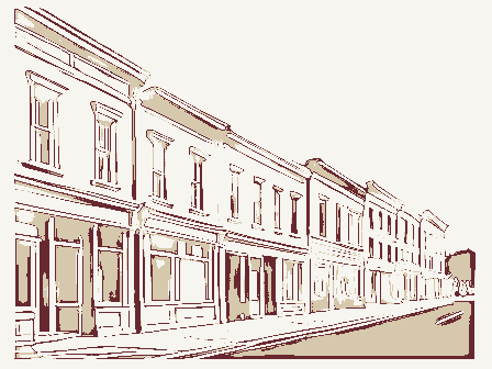 Decorative drawing: a row of nineteenth-century main-street storefronts. Not a photograph of this place.