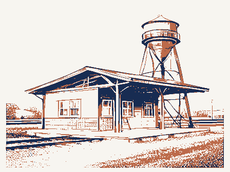 Decorative drawing: a small railway depot with a platform canopy and a water tower. Not a photograph of this place.
