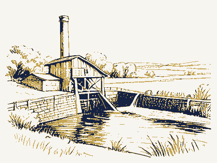 Decorative drawing: a water-powered grist mill beside a millrace. Not a photograph of this place.