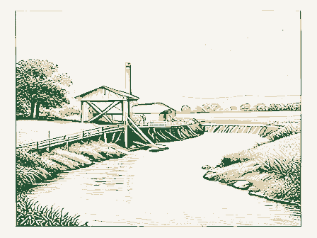Decorative drawing: a water-powered grist mill beside a millrace. Not a photograph of this place.