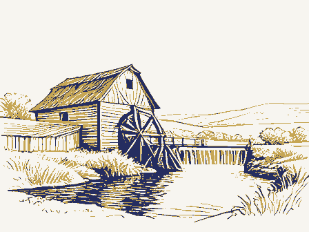 Decorative drawing: a water-powered grist mill beside a millrace. Not a photograph of this place.