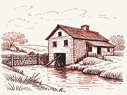 Decorative drawing: a water-powered grist mill beside a millrace. Not a photograph of this place.