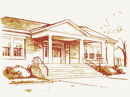 Decorative drawing: a large clubhouse with wide steps and a shaded porch. Not a photograph of this place.