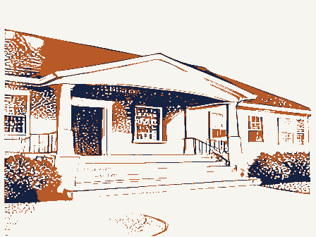 Decorative drawing: a large clubhouse with wide steps and a shaded porch. Not a photograph of this place.
