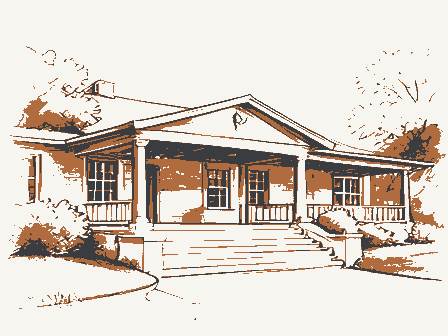 Decorative drawing: a large clubhouse with wide steps and a shaded porch. Not a photograph of this place.