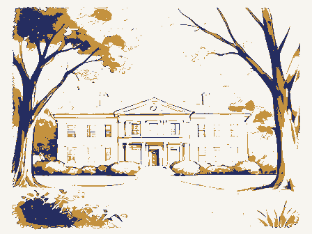 Decorative drawing: a grand mansion set back behind mature trees. Not a photograph of this place.