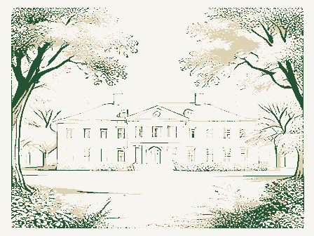 Decorative drawing: a grand mansion set back behind mature trees. Not a photograph of this place.