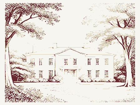 Decorative drawing: a grand mansion set back behind mature trees. Not a photograph of this place.