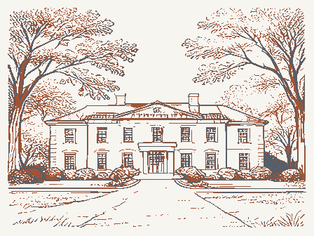Decorative drawing: a grand mansion set back behind mature trees. Not a photograph of this place.