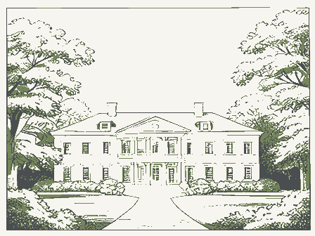 Decorative drawing: a grand mansion set back behind mature trees. Not a photograph of this place.