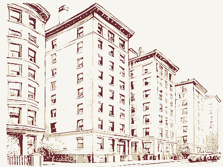 Decorative drawing: a row of tall apartment houses with bay windows. Not a photograph of this place.