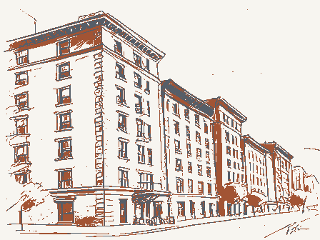 Decorative drawing: a row of tall apartment houses with bay windows. Not a photograph of this place.