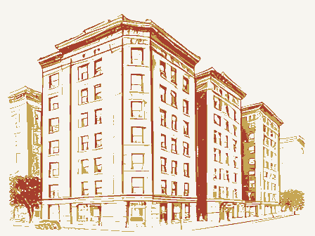 Decorative drawing: a row of tall apartment houses with bay windows. Not a photograph of this place.