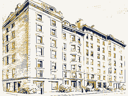 Decorative drawing: a row of tall apartment houses with bay windows. Not a photograph of this place.