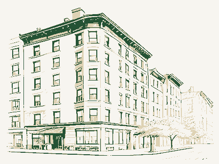 Decorative drawing: a row of tall apartment houses with bay windows. Not a photograph of this place.