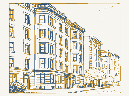 Decorative drawing: a row of tall apartment houses with bay windows. Not a photograph of this place.