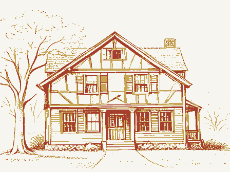 Decorative drawing: the front elevation of a nineteenth-century American timber-framed building, its clapboards,.... Not a photograph of this place.