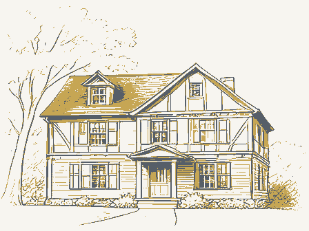 Decorative drawing: the front elevation of a nineteenth-century American timber-framed building, its clapboards,.... Not a photograph of this place.