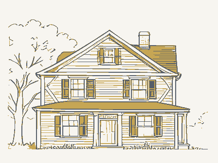 Decorative drawing: the front elevation of a nineteenth-century American timber-framed building, its clapboards,.... Not a photograph of this place.