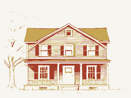 Decorative drawing: the front elevation of a nineteenth-century American timber-framed building, its clapboards,.... Not a photograph of this place.