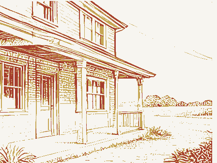 Decorative drawing: an old roadside tavern with a deep porch and an empty iron bracket. Not a photograph of this place.