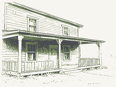 Decorative drawing: an old roadside tavern with a deep porch and an empty iron bracket. Not a photograph of this place.