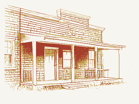Decorative drawing: an old roadside tavern with a deep porch and an empty iron bracket. Not a photograph of this place.