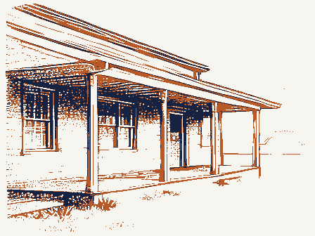 Decorative drawing: an old roadside tavern with a deep porch and an empty iron bracket. Not a photograph of this place.