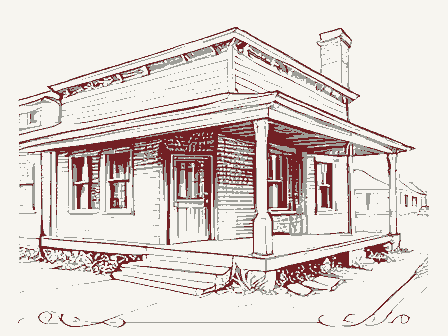 Decorative drawing: an old roadside tavern with a deep porch and an empty iron bracket. Not a photograph of this place.