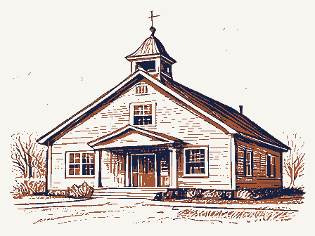 Decorative drawing: a one-room schoolhouse with a bell cupola. Not a photograph of this place.