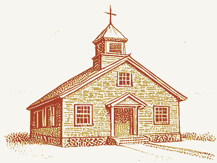 Decorative drawing: a one-room schoolhouse with a bell cupola. Not a photograph of this place.