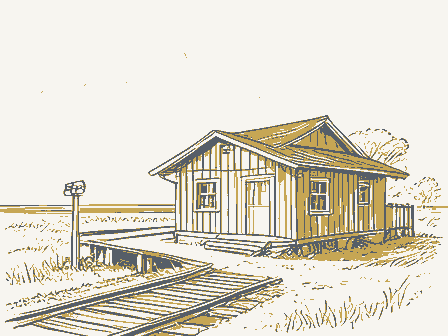 Decorative drawing: a small railway station beside the track, with a signal post. Not a photograph of this place.