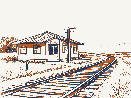 Decorative drawing: a small railway station beside the track, with a signal post. Not a photograph of this place.