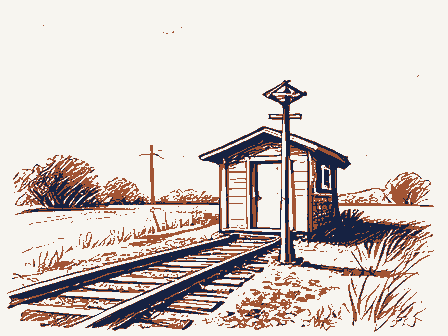 Decorative drawing: a small railway station beside the track, with a signal post. Not a photograph of this place.