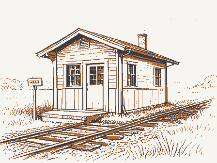 Decorative drawing: a small railway station beside the track, with a signal post. Not a photograph of this place.