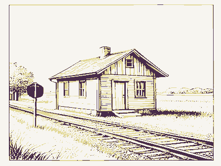 Decorative drawing: a small railway station beside the track, with a signal post. Not a photograph of this place.
