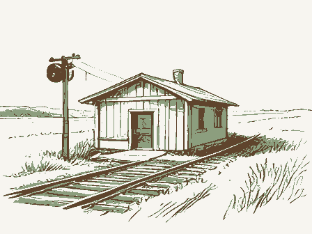 Decorative drawing: a small railway station beside the track, with a signal post. Not a photograph of this place.