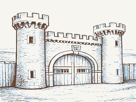 Decorative drawing: a fortress-like armory with crenellated towers. Not a photograph of this place.