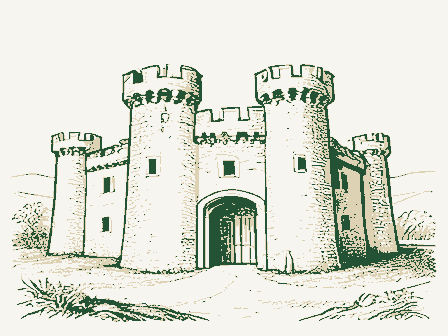 Decorative drawing: a fortress-like armory with crenellated towers. Not a photograph of this place.