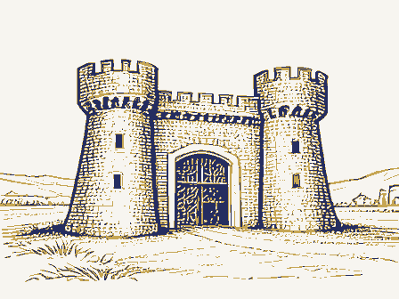 Decorative drawing: a fortress-like armory with crenellated towers. Not a photograph of this place.