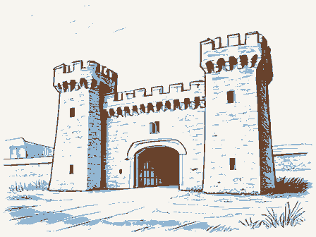 Decorative drawing: a fortress-like armory with crenellated towers. Not a photograph of this place.