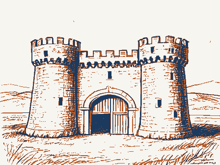 Decorative drawing: a fortress-like armory with crenellated towers. Not a photograph of this place.