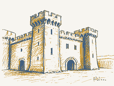 Decorative drawing: a fortress-like armory with crenellated towers. Not a photograph of this place.