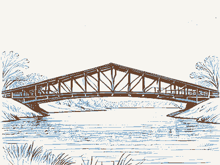 Decorative drawing: a timber truss bridge spanning a river on stone piers, side elevation. Not a photograph of this place.