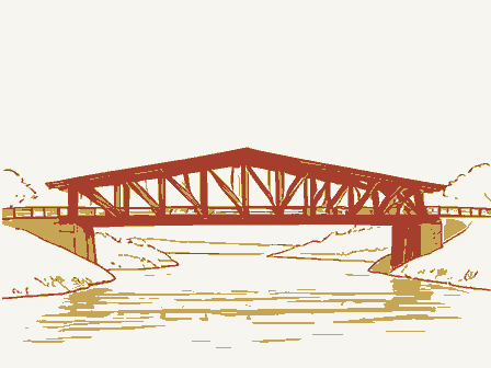 Decorative drawing: a timber truss bridge spanning a river on stone piers, side elevation. Not a photograph of this place.