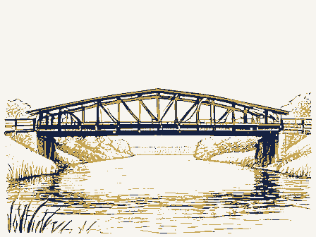 Decorative drawing: a timber truss bridge spanning a river on stone piers, side elevation. Not a photograph of this place.