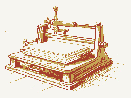 Decorative drawing: a hand-operated flatbed printing press in a small workshop, its lever, bed and ink rollers,.... Not a photograph of this place.