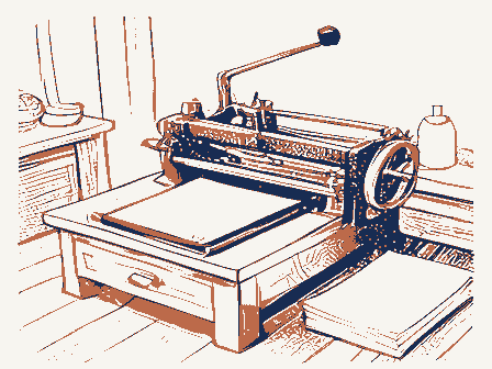 Decorative drawing: a hand-operated flatbed printing press in a small workshop, its lever, bed and ink rollers,.... Not a photograph of this place.